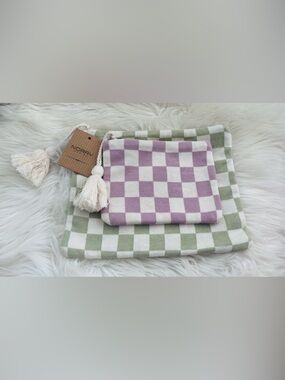 Checkered Cosmetic Pouch Set in Sage Green & Lavender Indian Artisans Unique